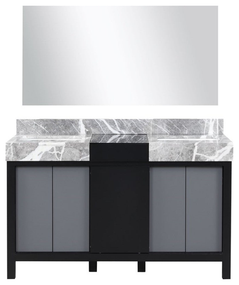 Lexora Home Zilara 55" Double Marble Top Bathroom Vanity with Mirror in Black