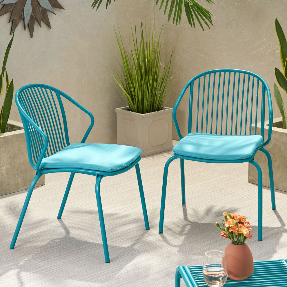 Sarah Outdoor Modern Iron Club Chair With Cushion, Set of 2, Matte Teal and Teal