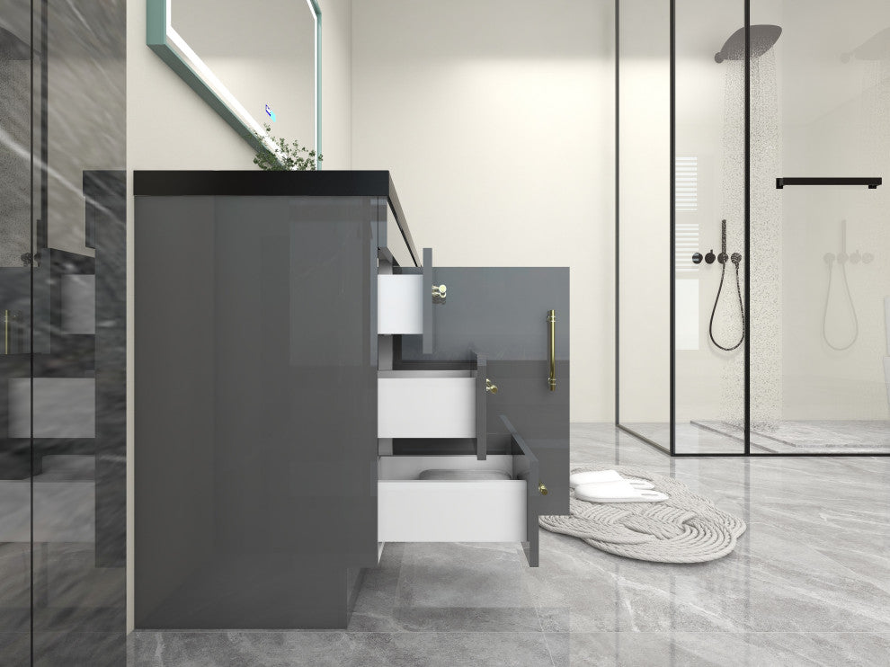 Rosa 60" Free Standing Modern Vanity, High Gloss Gray, Matt Black Top