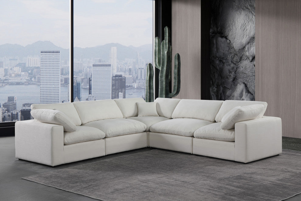 Comfy Upholstered L-Shaped Modular Sectional, Cream, 5-Piece: 2 Armless Chair, 3 Corner Chair, Linen Textured Fabric