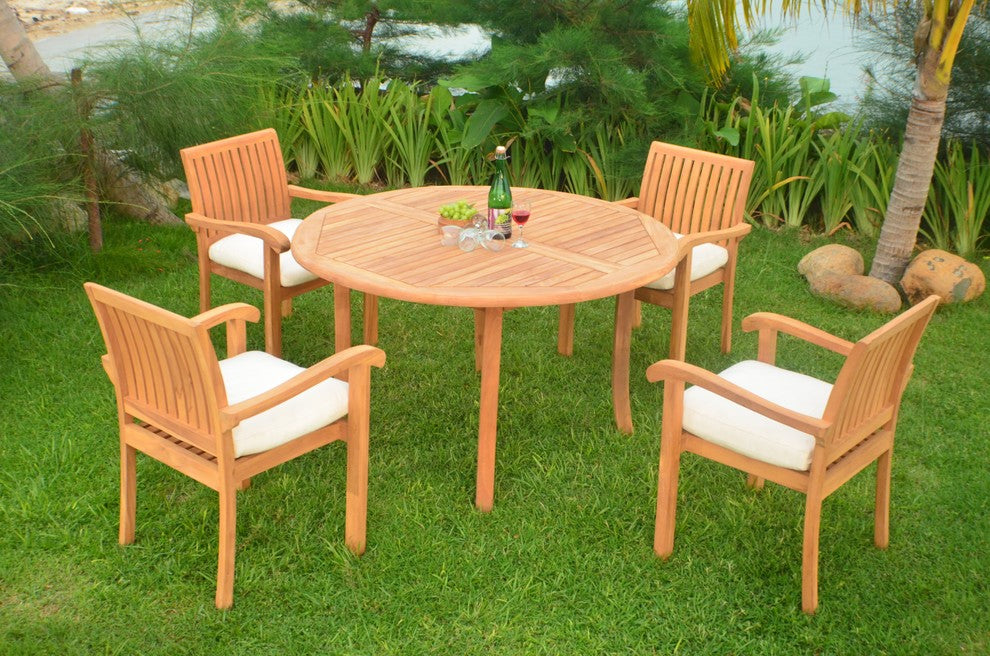 Outdoor 5-Piece Dining Set With Round Table and Chairs, 48", Canvas White
