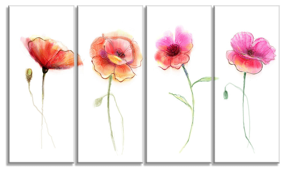 Watercolor Poppy Flowers Sketch, Flower Artwork on Canvas, 48"x28", 4 Panels