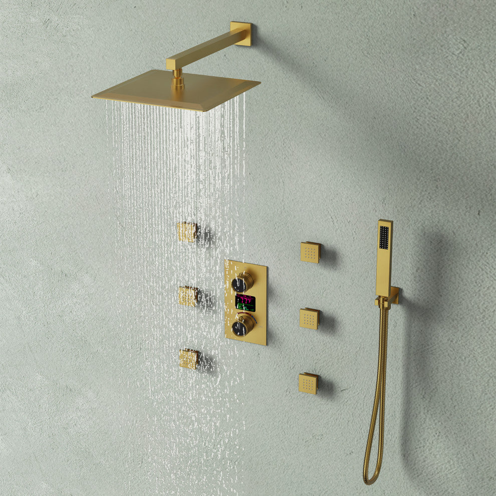 LED Temperature Digital Display Shower System With Body Jets, Brushed Gold, 12 Inches