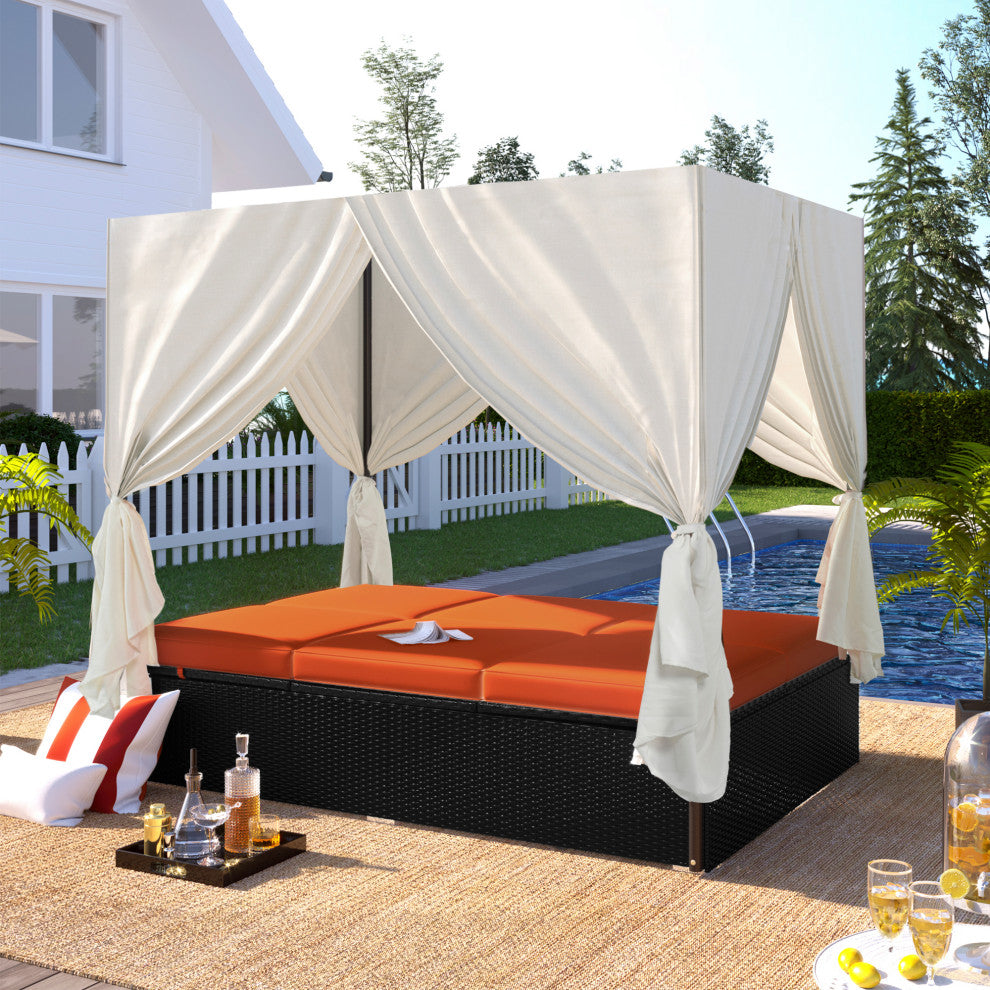2-Piece Outdoor Wicker Patio Sunbed Daybed With Cushions And Adjustable Seats, Black Orange