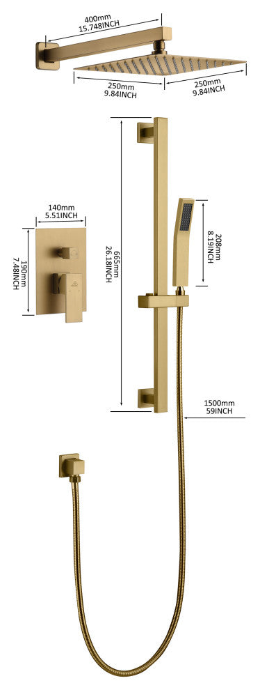 CASAINC 10" Luxury Wall Mounted Shower System Set w Sliding Handheld Rod, Brushed Gold