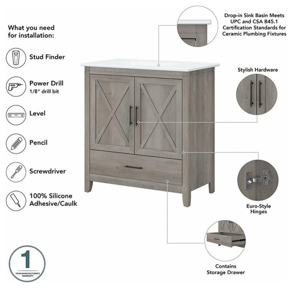 Bush Key West Engineered Wood Bathroom Vanity Sink with Mirror in Driftwood Gray