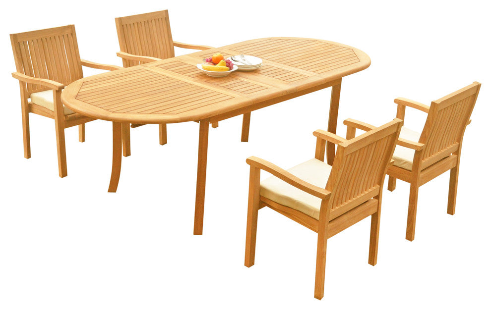 5-Piece Outdoor Teak Dining Set: 94" Oval Table, 4 Leveb Stacking Arm Chairs