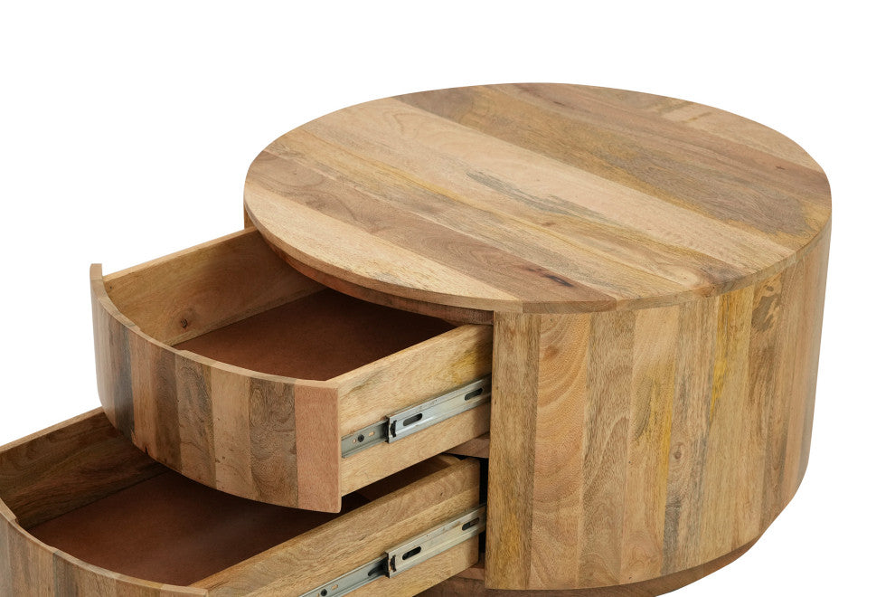 Christa 2-Drawer 30" Round Coffee Table, Natural Mango