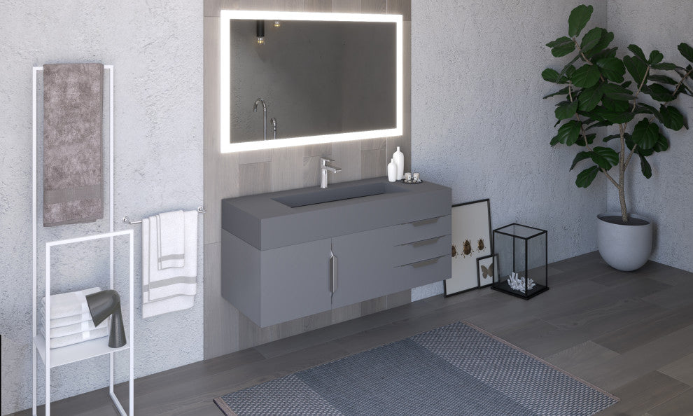 CastelloUSA Nile 48" Wall Mounted Vanity Set, Gray, Gray Top, Chrome Handles