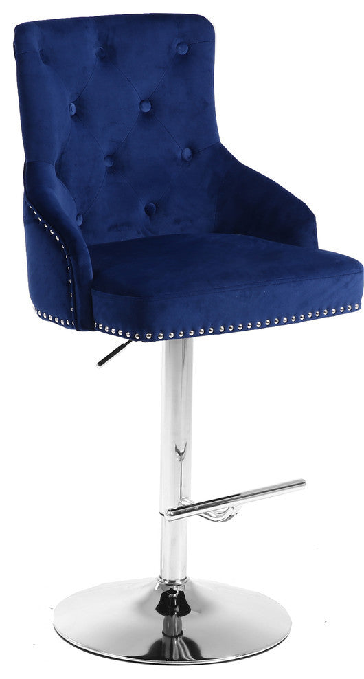 Claude Velvet Upholstered Adjustable Stool, Navy, Chrome Base
