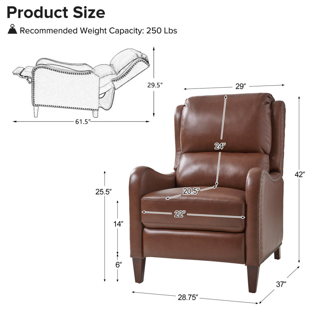 Genuine Leather  Push back Recliner With Wingback, Brown