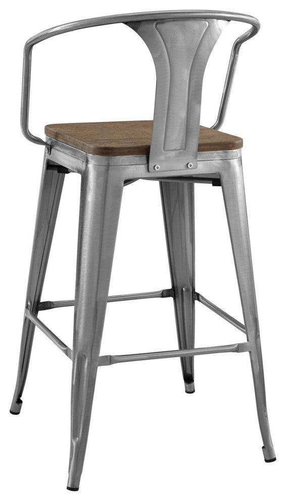 Bar Stool Chair Barstool, Set of 4, Wood, Gunmetal Silver, Bar Pub Cafe Bistro