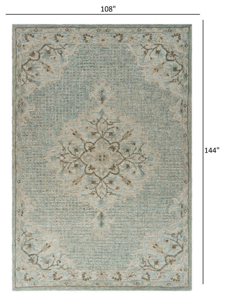 9" x 12" Blue and Beige Flor Medallion Area Rug