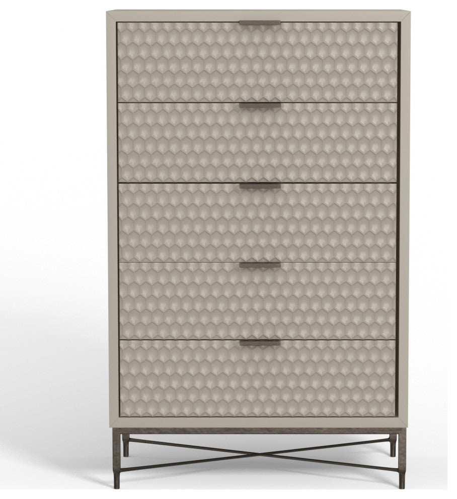 Benzara BM284283 5 Drawer Tall Dresser Chest, Honeycomb Texture, Taupe Gray