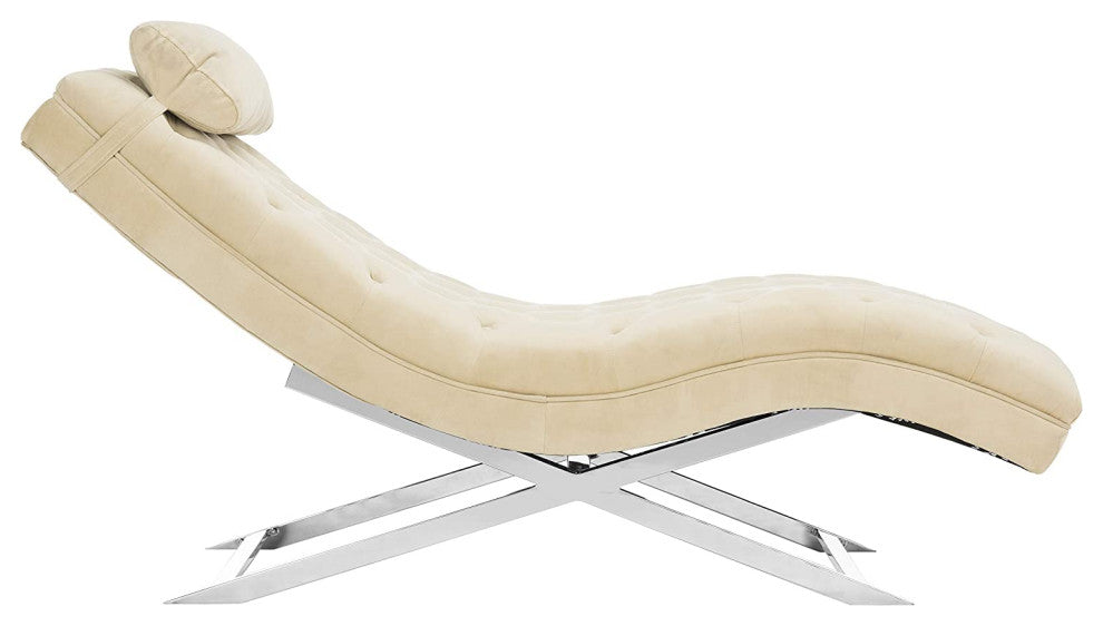 Modern Beige Velvet and Chrome Chaise with Headrest Pillow
