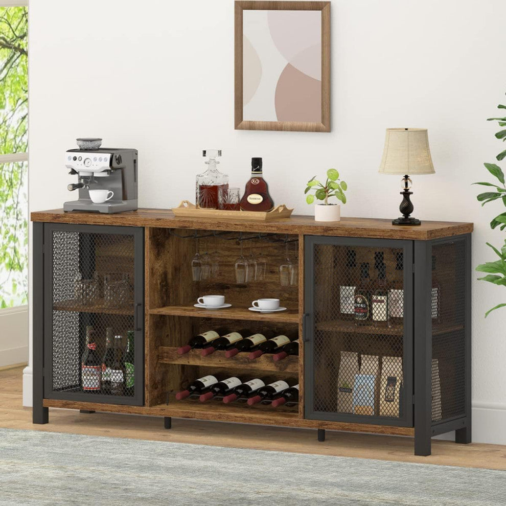 Rustic Bar Cabinet With Bottle Storage and Double Mesh Door Design, Rustic Brown