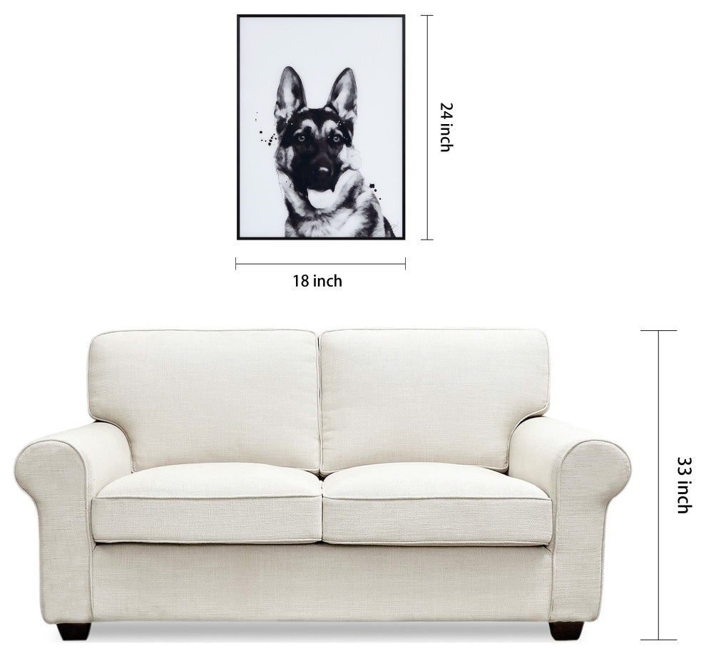 "German Shepherd" Black and White Pet Art on Printed Glass with Anodized Frame