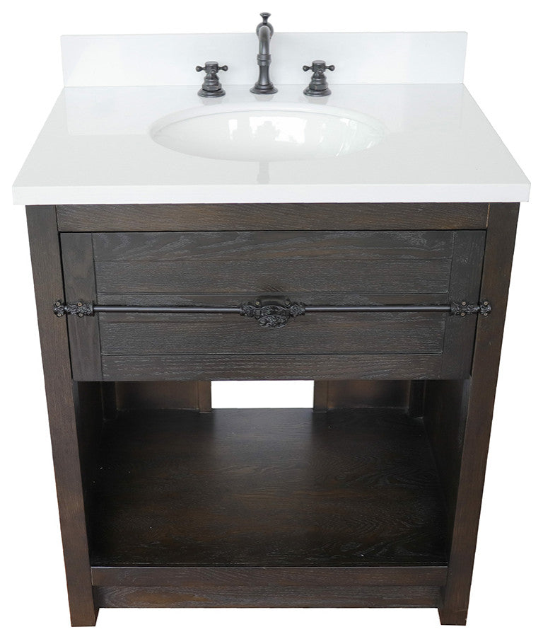 30" Single Vanity, Brown Ash, White Engineered Stone Top, Oval Sink