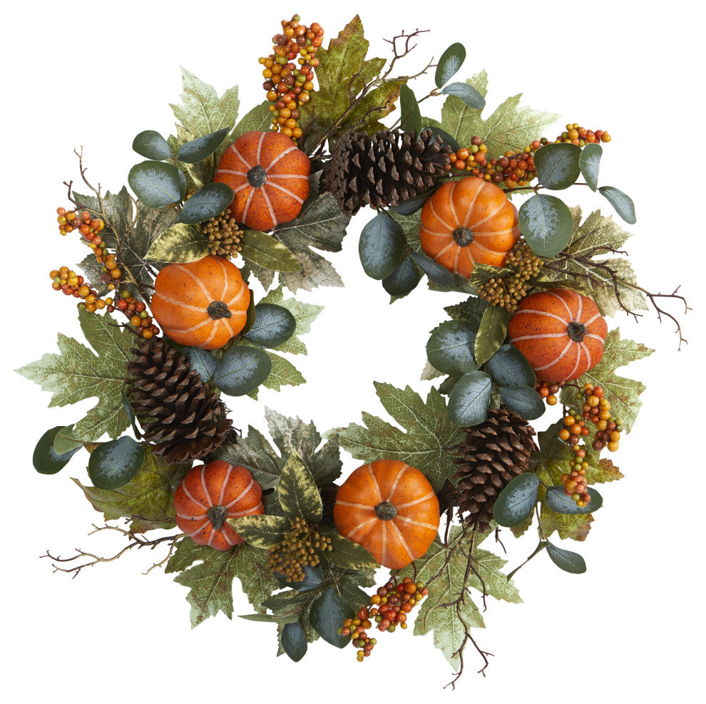 24" Pumpkins, Pine Cones and Berries Fall Artificial Wreath