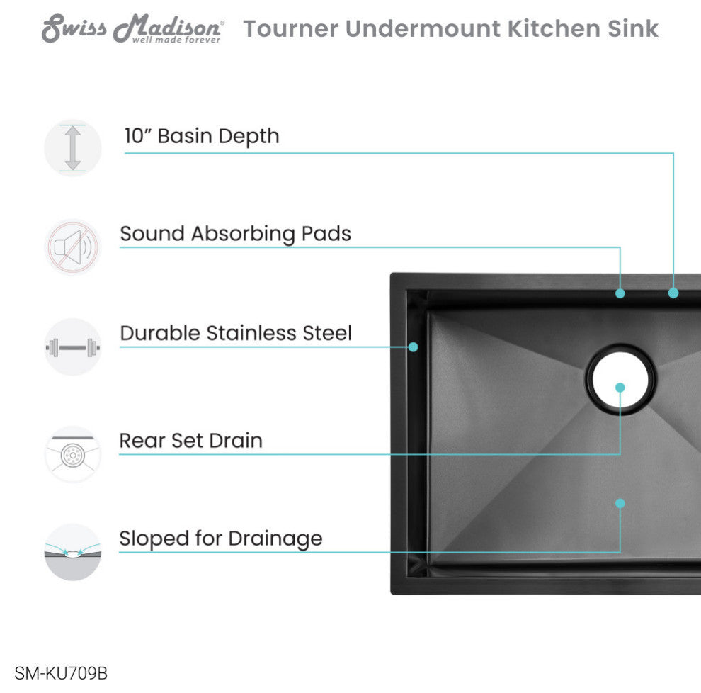 Plaisir 27"x19" Stainless Steel, Undermount Kitchen Sink, Black