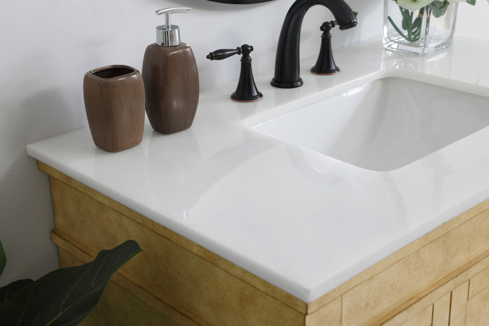 36" Single Bathroom Vanity, Antique Beige With Ivory White Engineered Marble