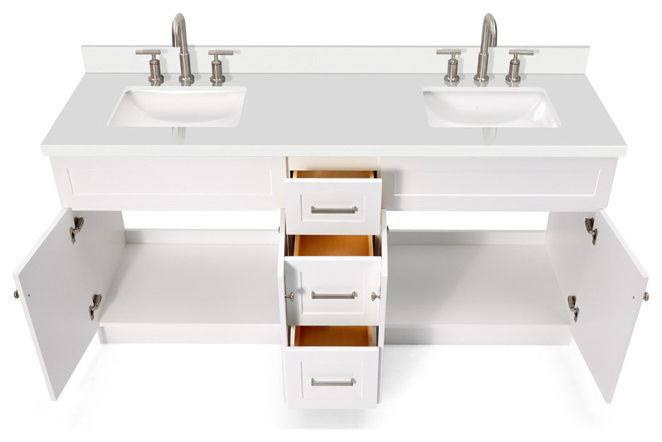 ARIEL Hamlet 73" Double Rectangle Sink Bath Vanity in White With Quartz Top