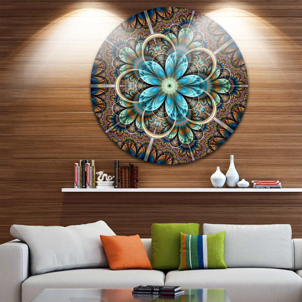 Brown Blue Fractal Flower, Floral Disc Metal Wall Art, 23"