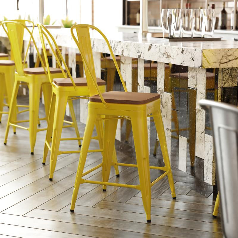 Kai Commercial Grade 24" Metal Indoor-Outdoor Counter Stool w/Removable Seat, Yellow/Teak