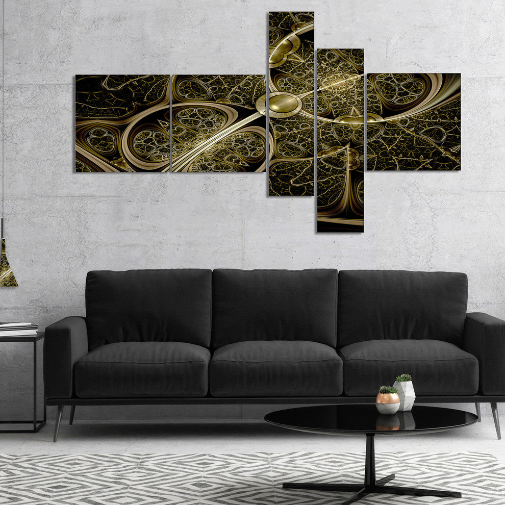 Yellow Metallic Fabric Pattern, Abstract Print On Canvas, 60"x32", 5 panels