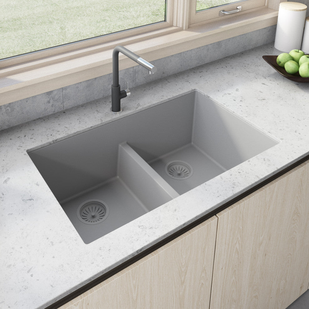 Ruvati RVG2385 33 x 19 inch Granite Composite Double Bowl Kitchen Sink, Silver