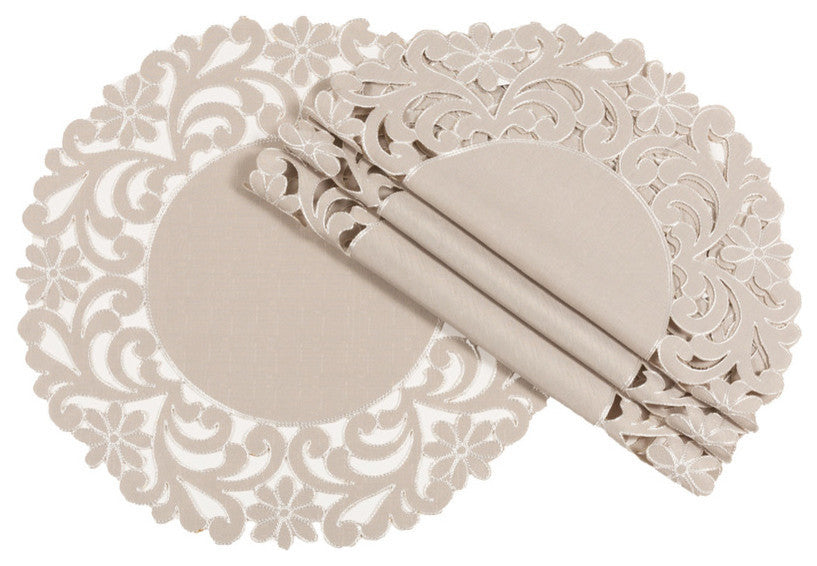Florence Floral Cutwork Trimed Edge Placemats, Taupe, 16" Round, Set of 4