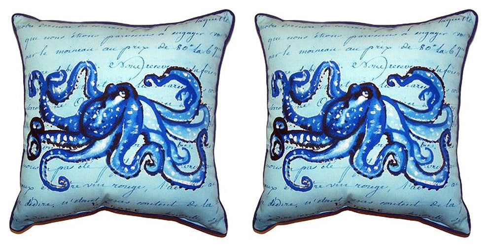 Pair of Betsy Drake Blue Script Octopus Small Pillows 12 Inch X 12 Inch