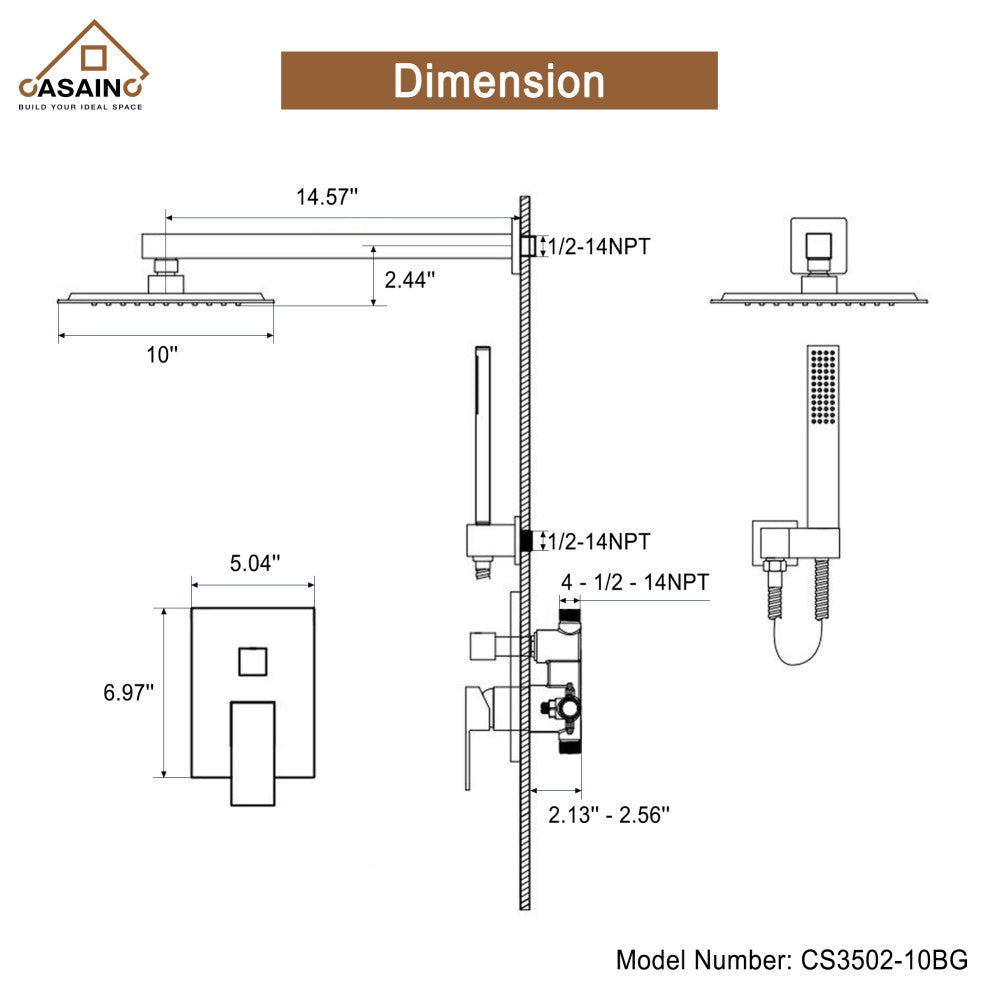 Wall-Mounted 10in Shower System with Handheld, Brushed Gold