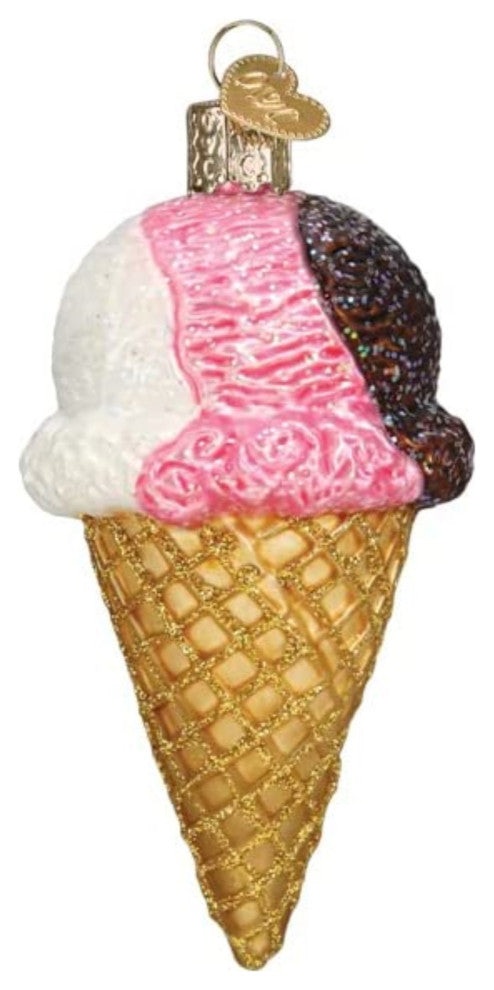 Old World Christmas Glass Blown Christmas Ornament, Neapolitan Ice Cream Cone
