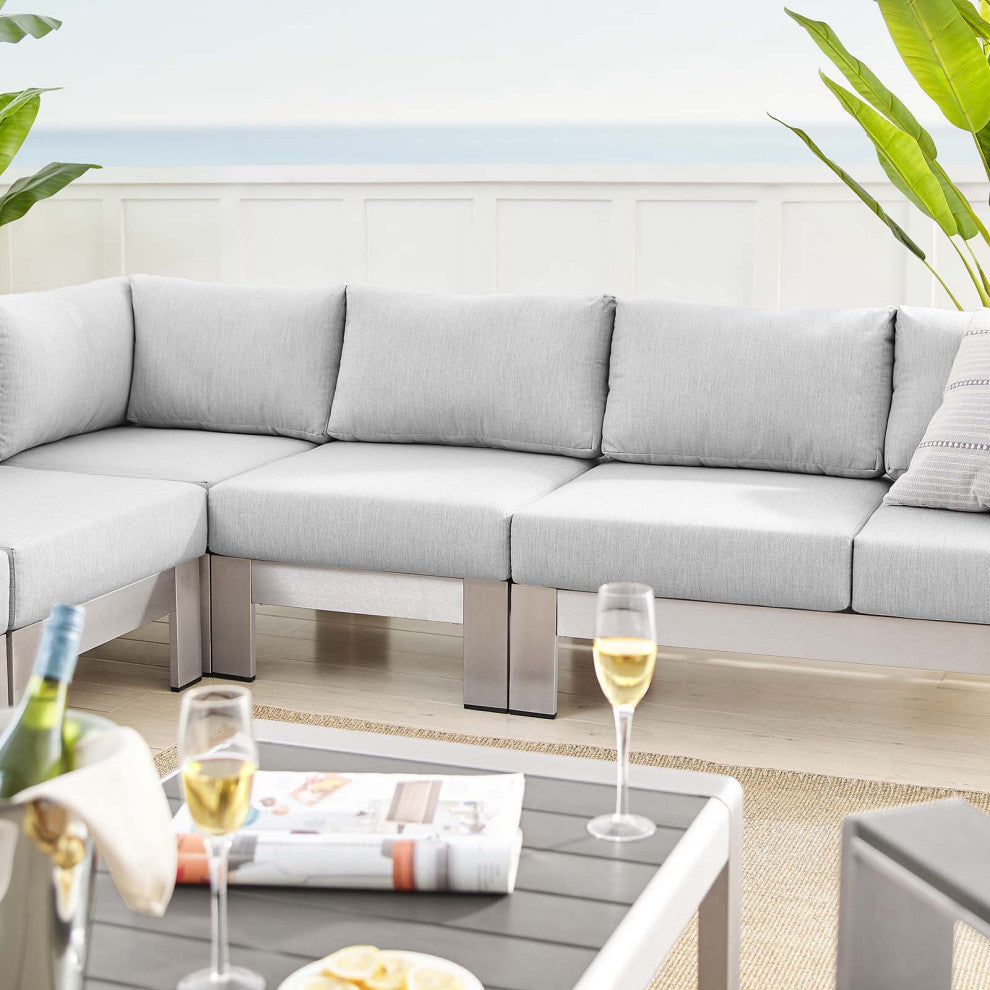 Sectional Sofa Chair Table Set, Sunbrella, Aluminum, Silver Gray, Outdoor