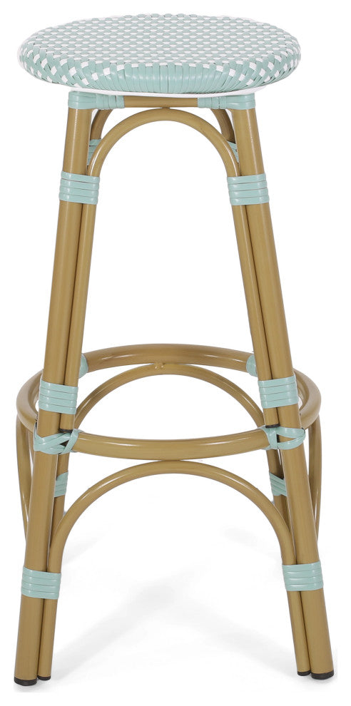 Dohney Outdoor French Aluminum 29.5" Barstools, Set of 2, Light Teal/White/Bamboo Finish