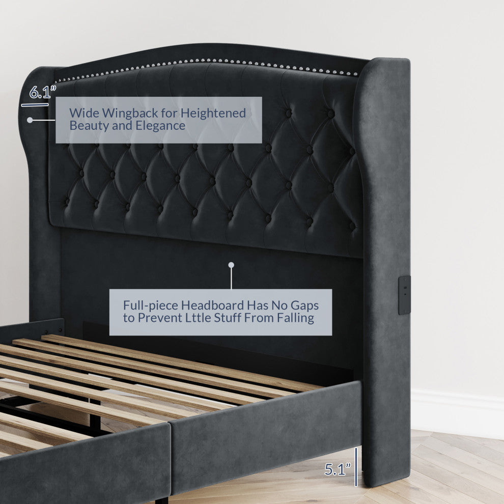 Queen Platform Bed Frame with Fast Charging Port, No Box Spring Needed, Gray