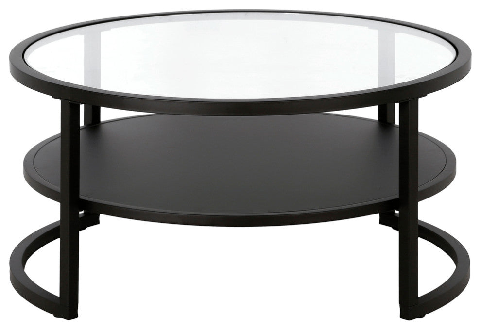 34" Black Glass And Steel Round Coffee Table With Shelf