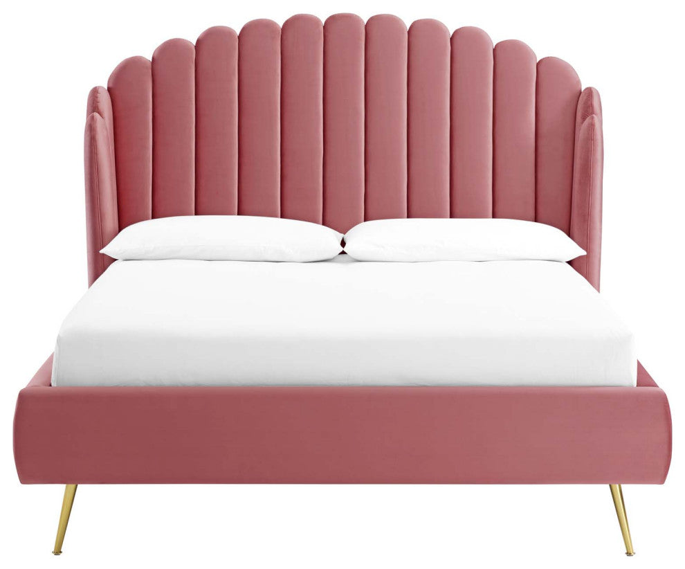 Platform Bed Frame, Queen Size, Velvet, Pink, Modern Contemporary, Bedroom