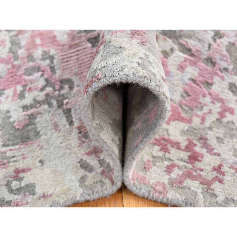 Pink Hi-Lo Pile Abstract Design Wool and Silk Hand Knotted Rug 5'10"x8'9"