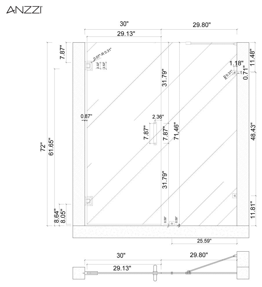 ANZZI Makata 60"x72" Frameless Shower Door, Brushed Nickel