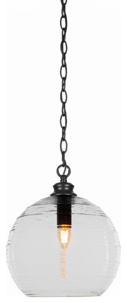 Malena 1-Light Chain Hung Pendant, Matte Black/Clear Ribbed