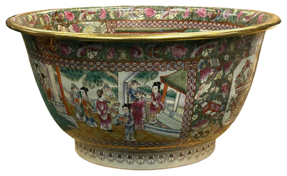 Vintage Chinese Famille Rose People House Graphic Porcelain Bowl Pot Hws4342