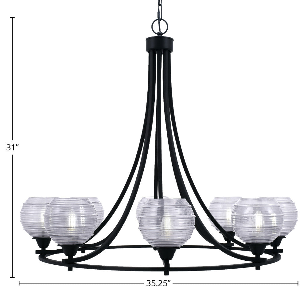 Paramount Uplight 8-Light Chandelier, Matte Black, 6" Clear Ribbed Glass
