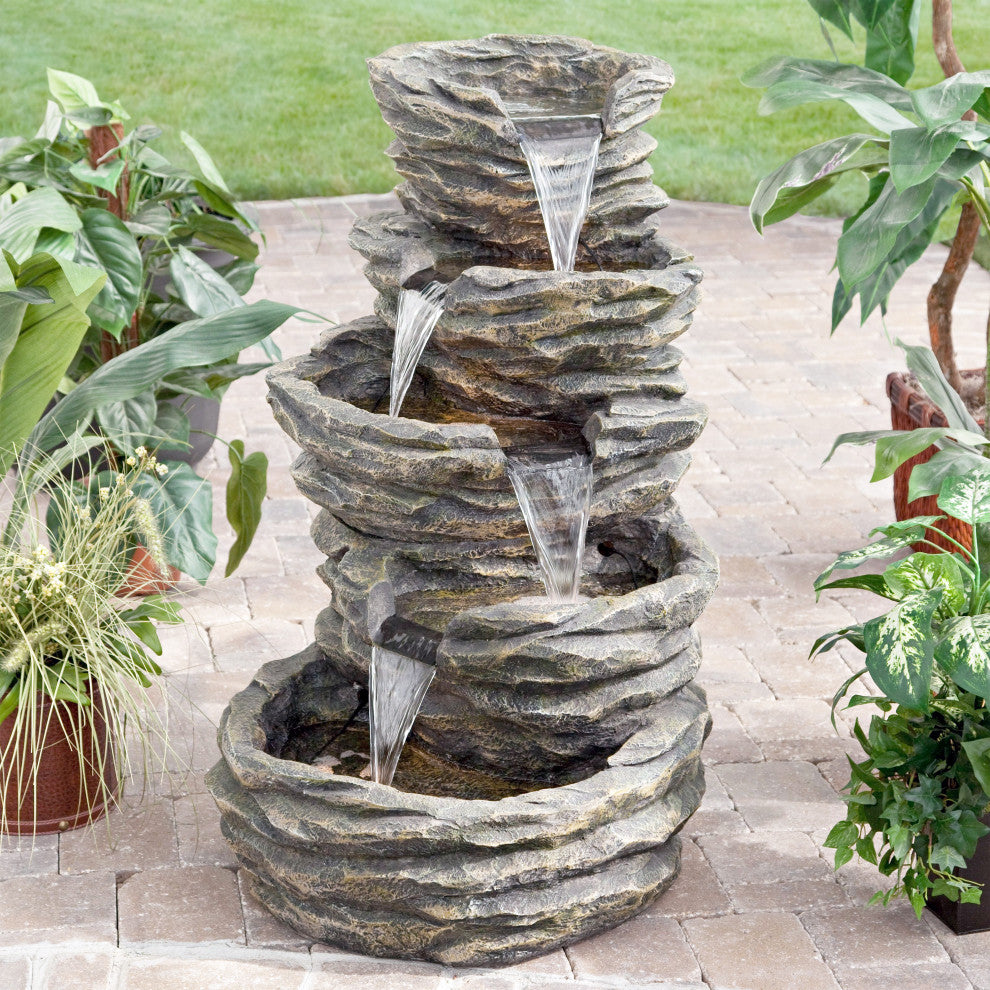 5-Level Rock Pond Fountain With Miniature Lights, Gray