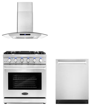 3-Piece, 30" Gas Range 30" Wall Mount Range Hood and 24" Dishwasher
