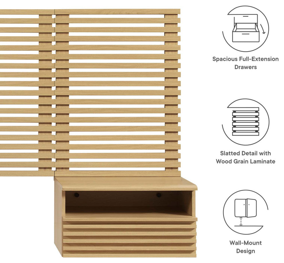 Render Wall Mount Twin Headboard and Modern Nightstands, Oak
