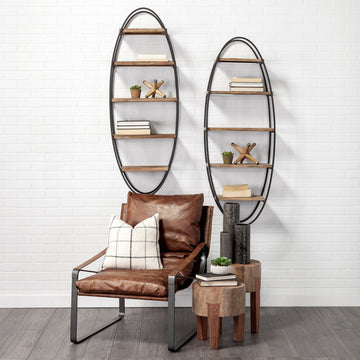 Metort Brown Wood and Black Metal Oval Wall Shelving Unit