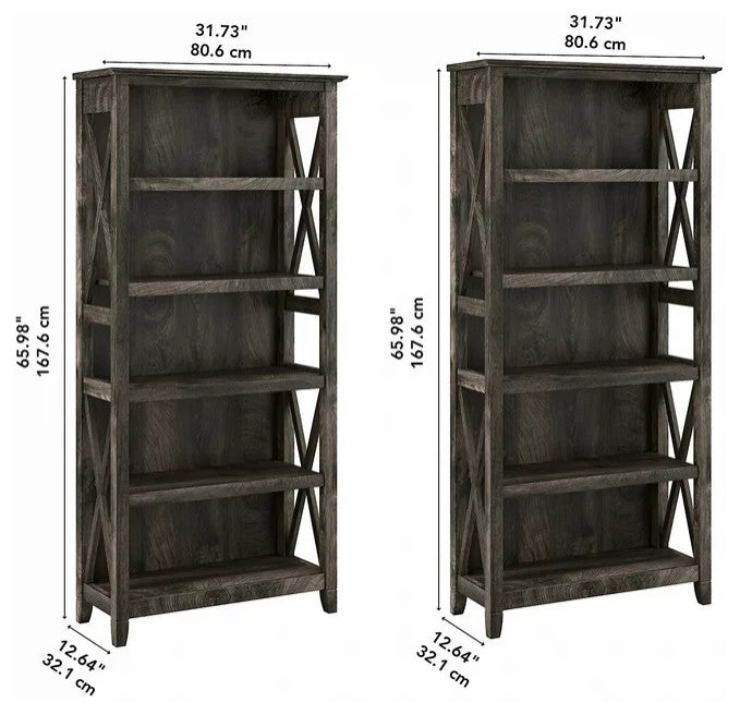 Set of 2 Farmhouse Bookcase, Open Shelves With X-Sides, Dark Gray Hickory