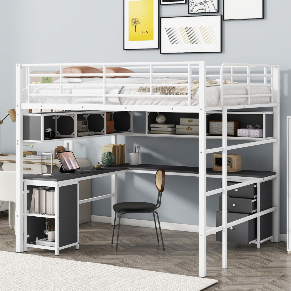 Gewnee Metal Loft Bed with bookcase, desk and cabinet, Full, White